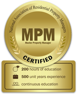 A gold seal from the National Association of Residential Property Managers certifying Alliance Property Management as Master Property Managers with over 200 hours of education and 500 Years of combined experience in Sonoma County Property Management