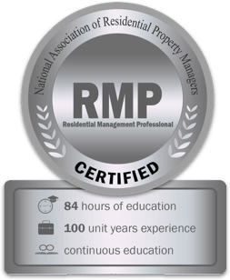 A silver seal from the National Association of Residential Property Managers certifying Alliance Property Management as Residential Management Professionals with over 84 hours of education and 100 Years of combined experience in Ronhert Park Property Management