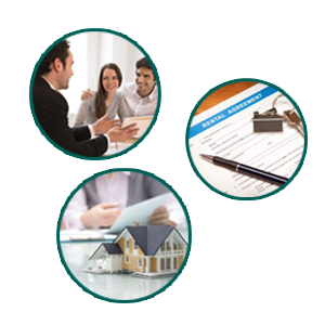 A series of three images showing a couple with their real estate agent, a rental agreement with a pen and a key, and a man signing papers in front of a scale model of a house. These outline the process you might go through when receiving Ronhert Park property management services from Alliance